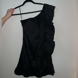 One shoulder black ruffle mini dress